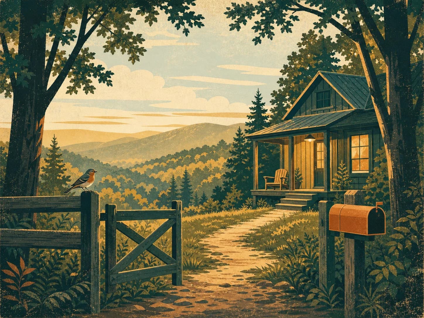 Welcoming illustrated studio outpost at the meeting point of woodland trails