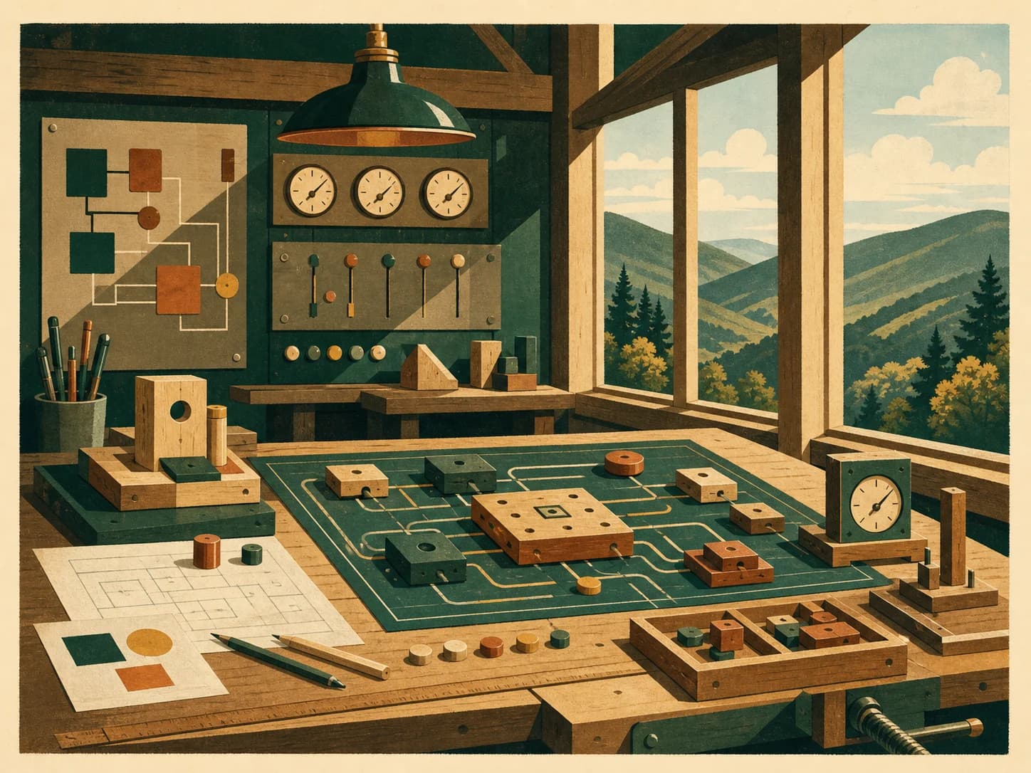 Poster-style craft workshop where modular pieces connect into a working system