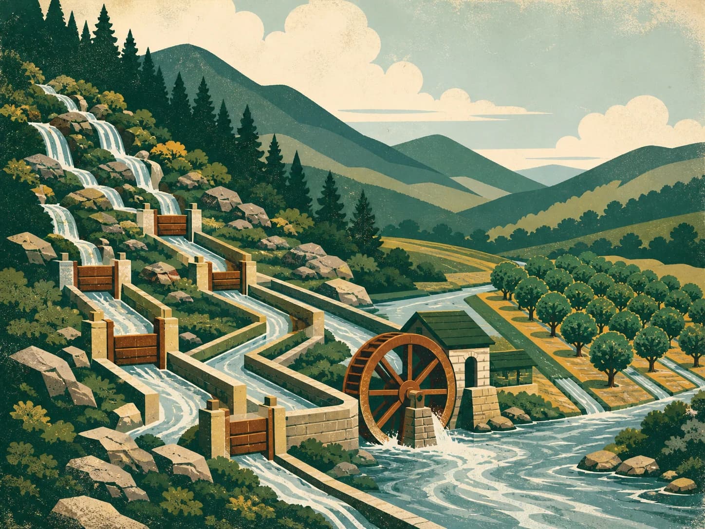 Poster-style mountain waterways converging through gates to power a waterwheel