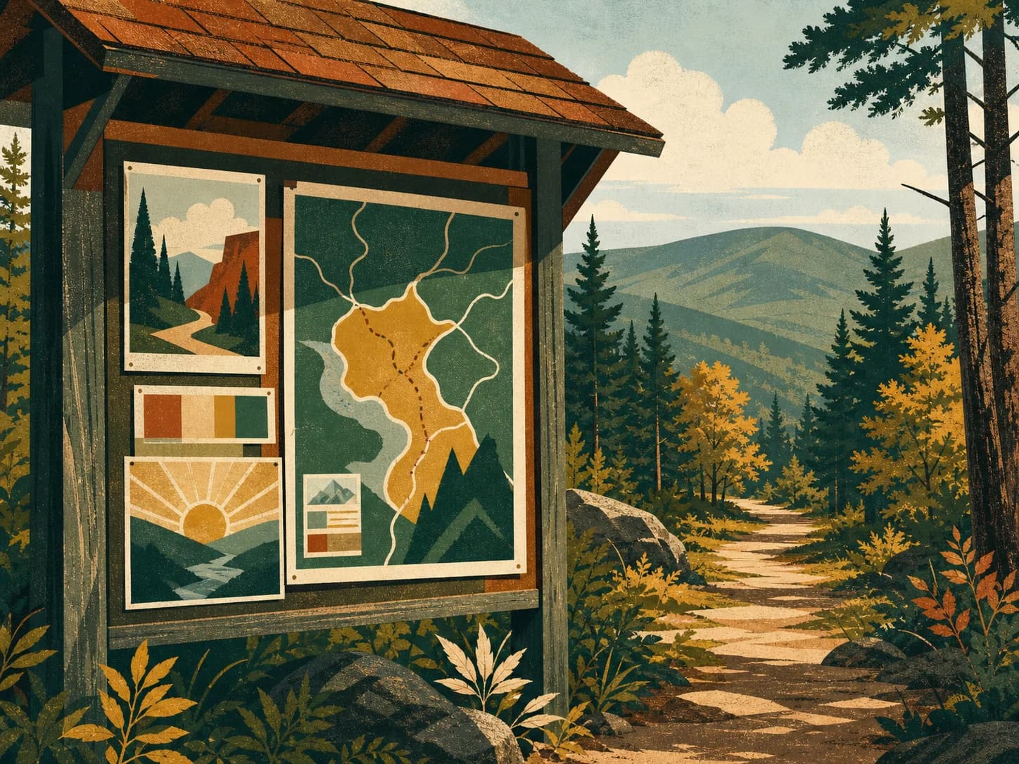 Poster-style woodland trailhead with a carefully organized map and visual system