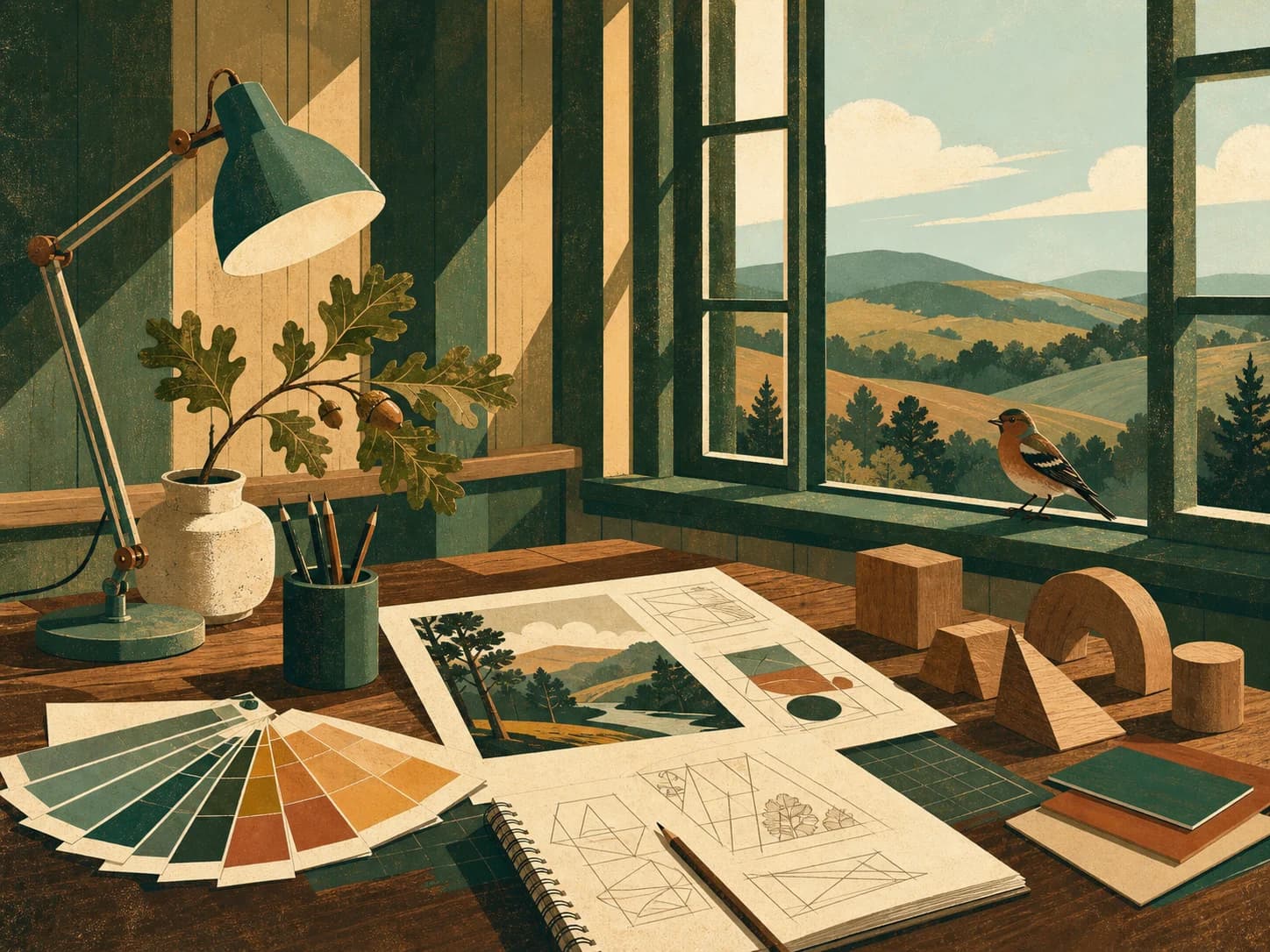 Illustrated design studio with sketches, an oak branch, and a finch overlooking Pennsylvania hills