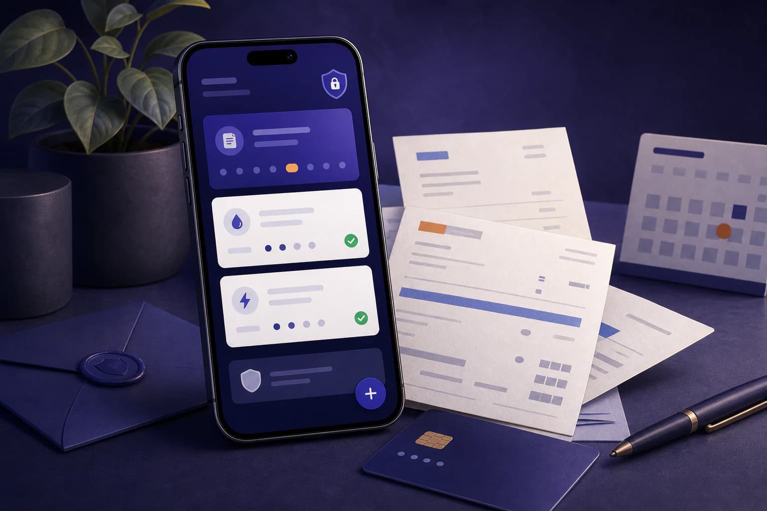 Paidly bill management app shown on a phone beside organized bills and a calendar