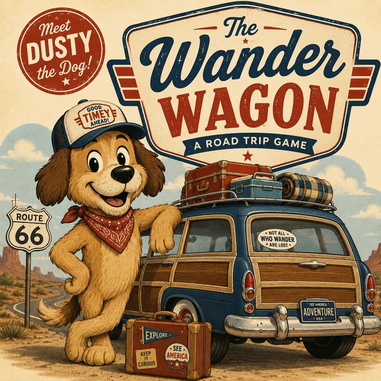Wander Wagon poster featuring Dusty the dog beside a packed station wagon on Route 66