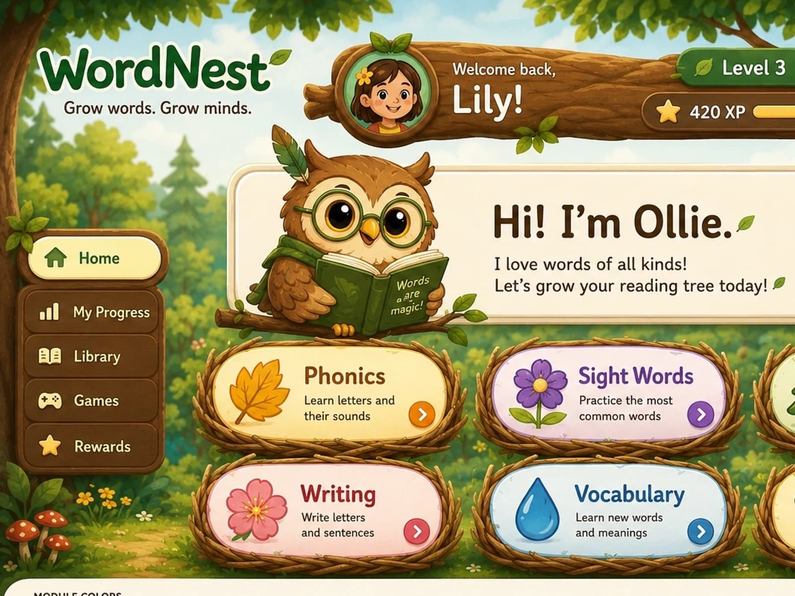 WordNest learning dashboard with an owl guide and colorful literacy activities