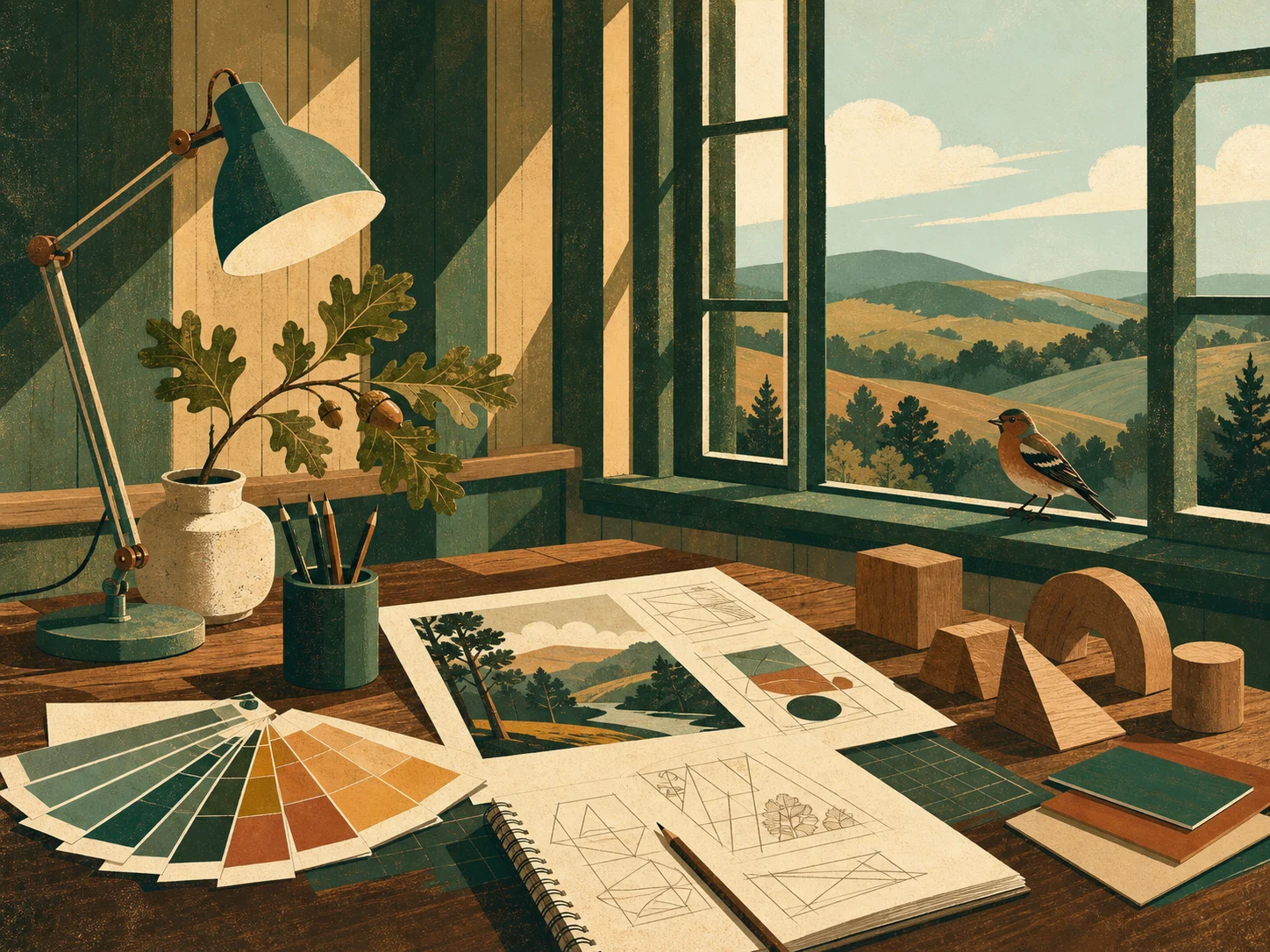 Illustrated design studio with sketches, an oak branch, and a finch overlooking Pennsylvania hills