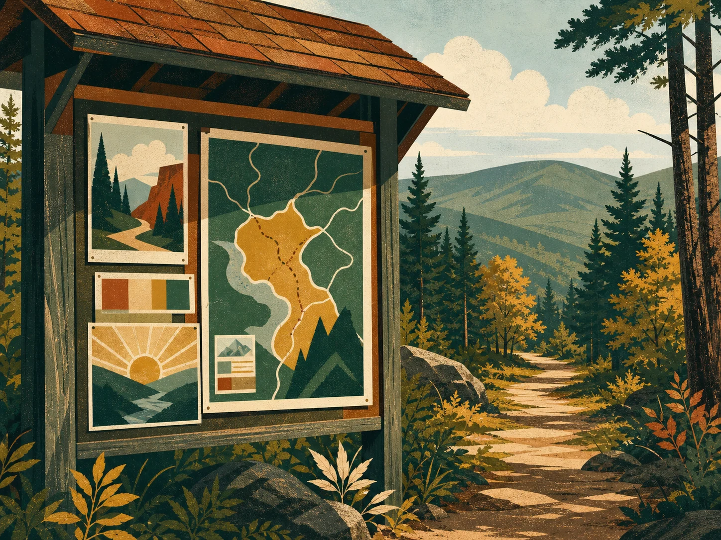 Poster-style woodland trailhead with a carefully organized map and visual system