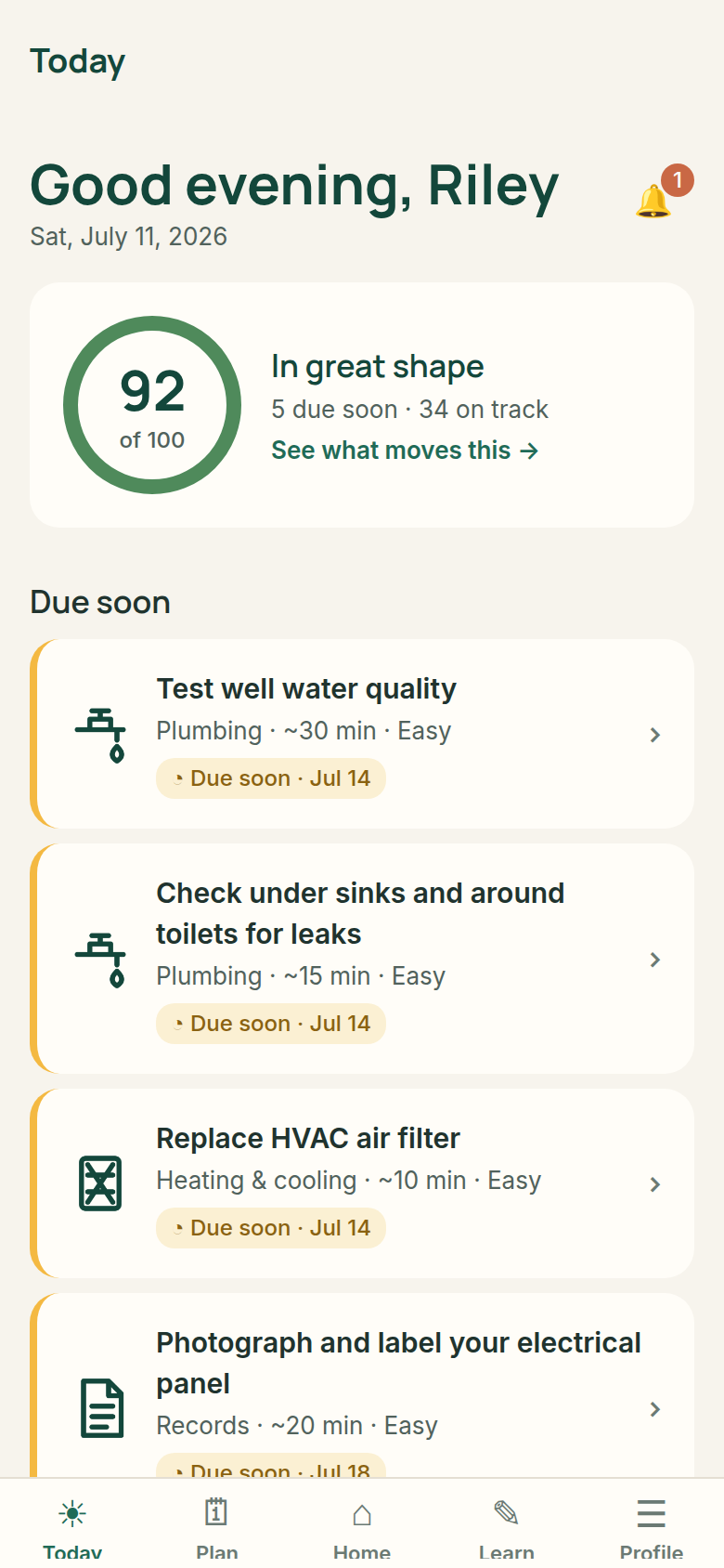 HavenCue Today screen showing a home maintenance score and upcoming tasks