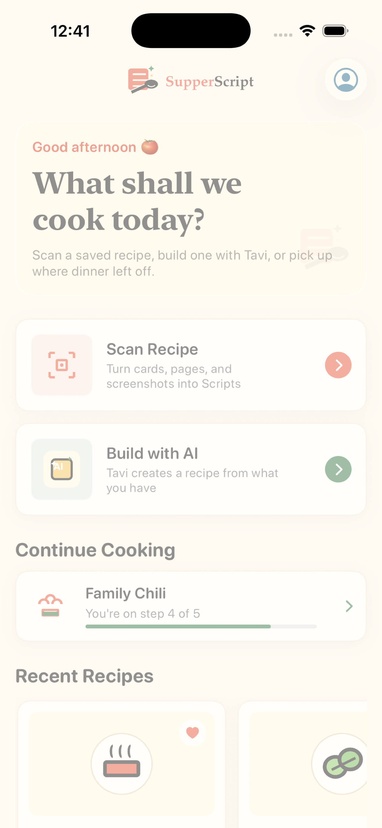 SupperScript home screen for scanning and cooking recipes