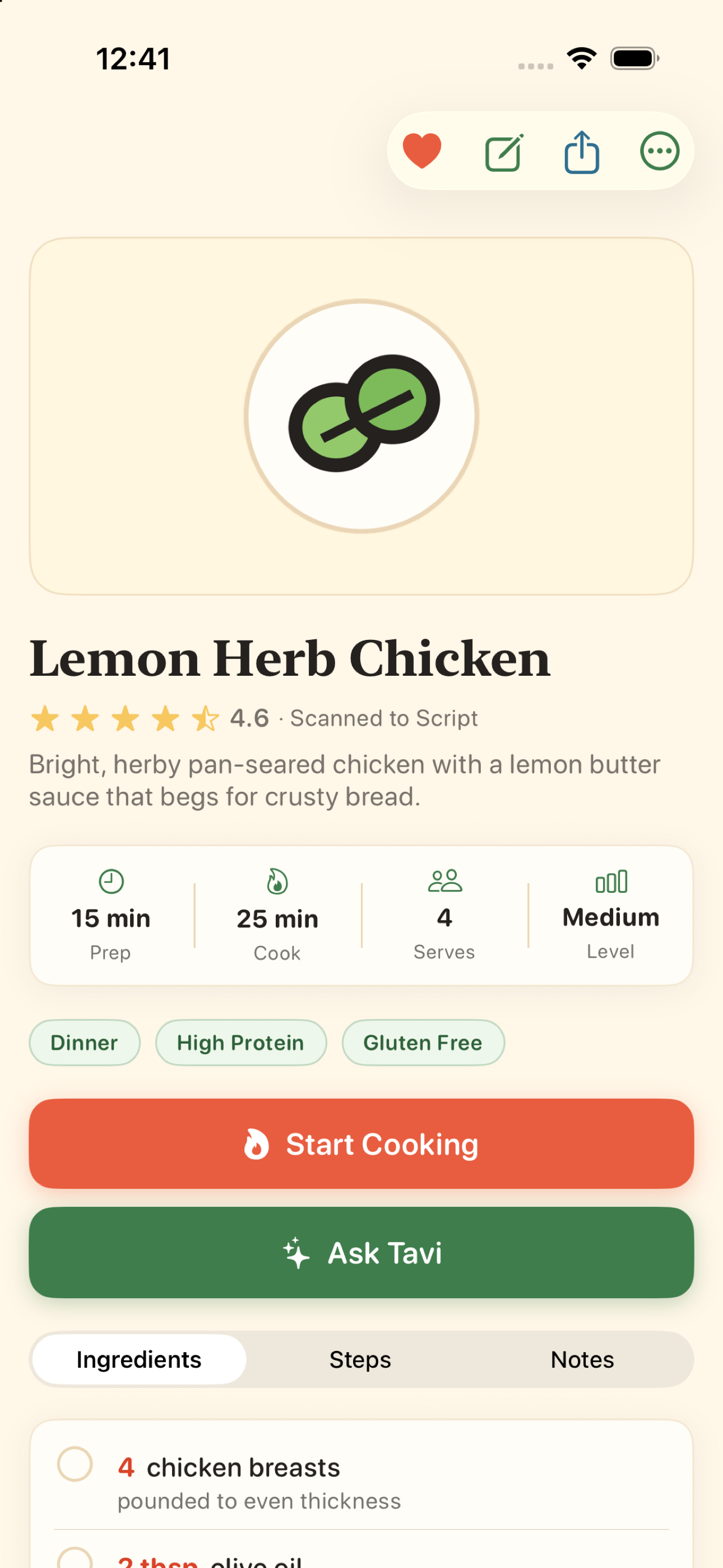 SupperScript recipe detail screen