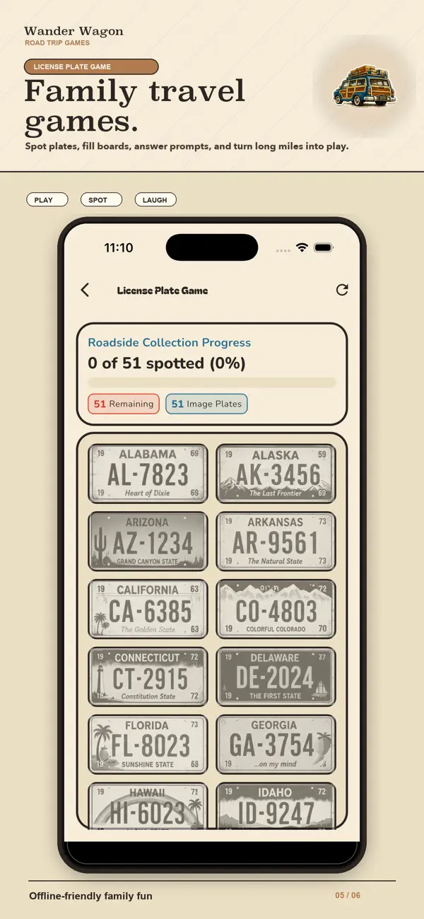 Wander Wagon license plate game screen