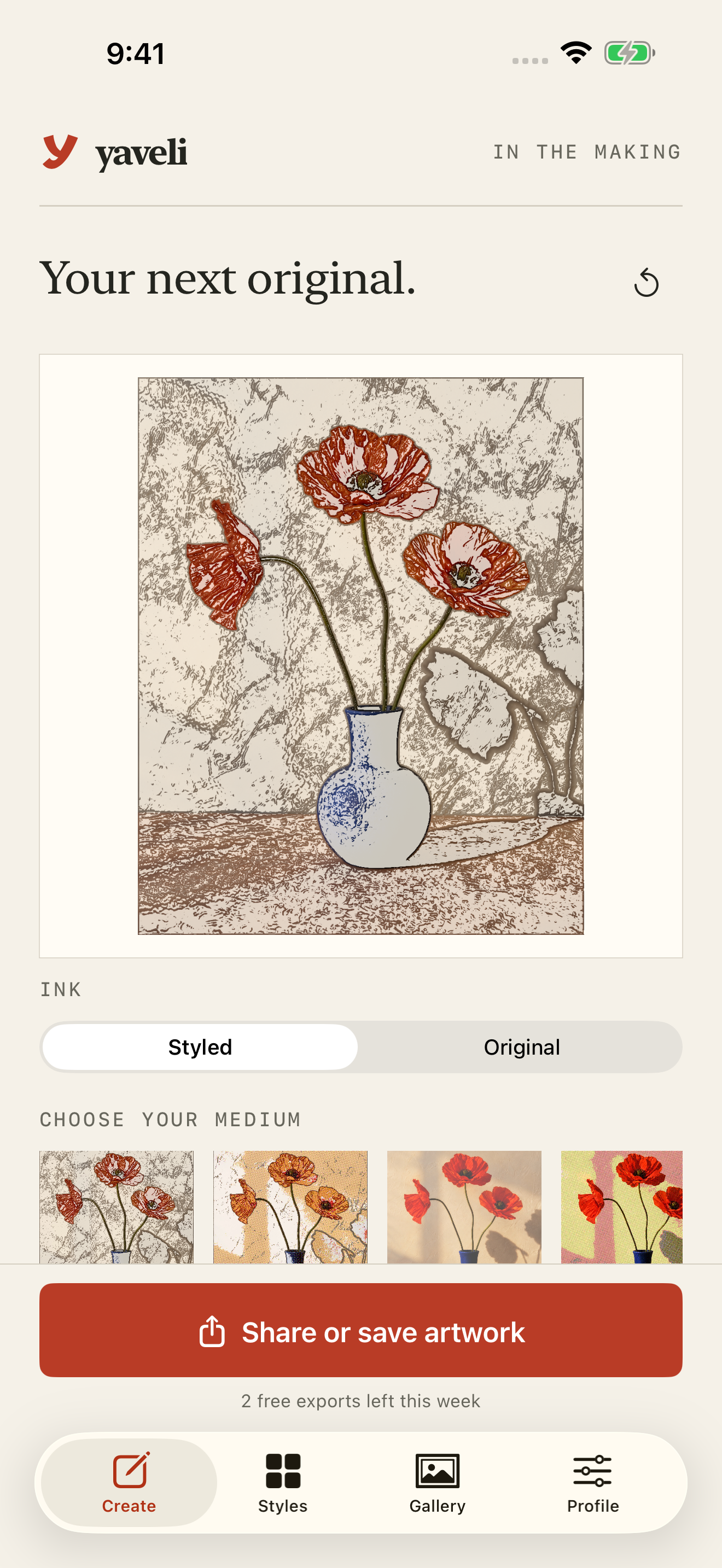 Yaveli styled artwork screen
